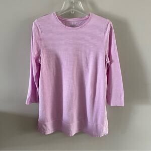 Land's End Sz M TALL 3/4 Sleeve Slub Jersey Swing Tunic Top Pink & White Stripes
